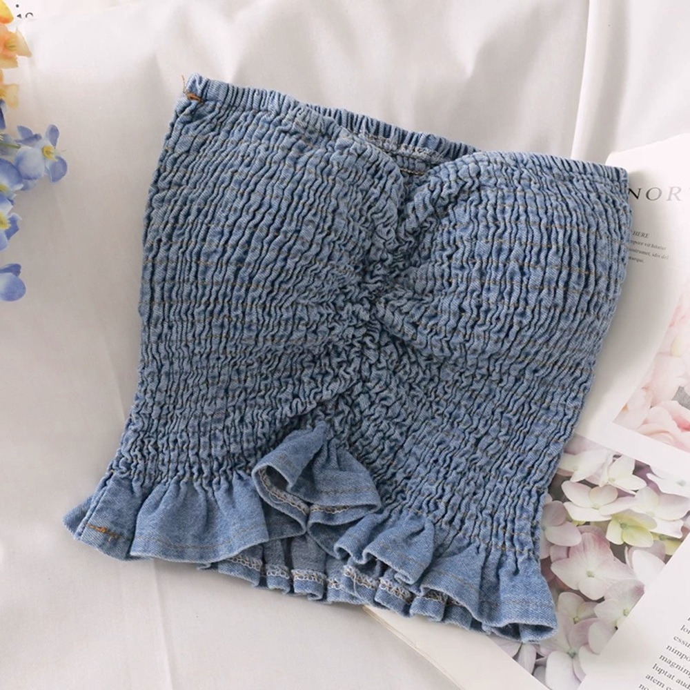 NWT S/M padded denim crop top elastcated boob tube frill ruffle bottom